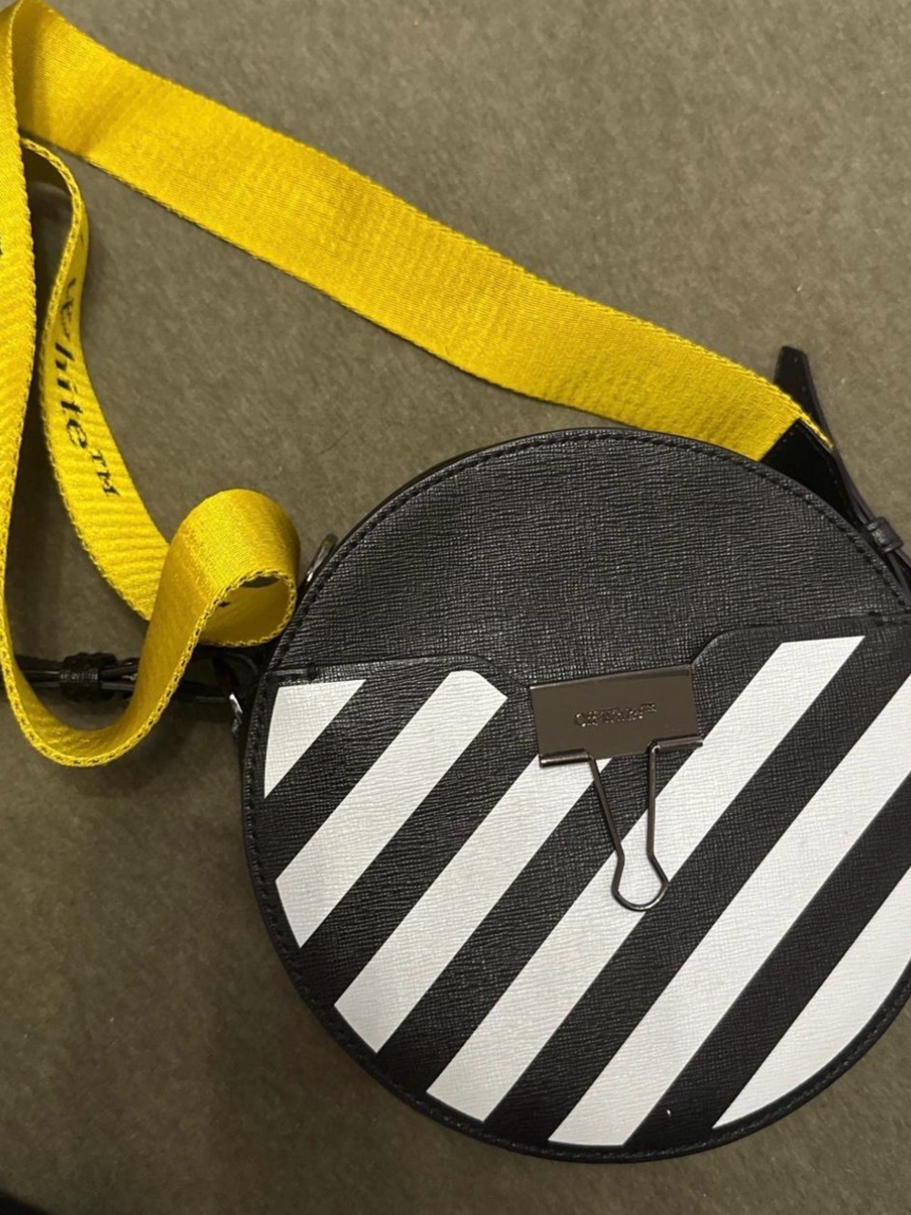 Off-White Round Leather Crossbody Bag in Black with Yellow Strap